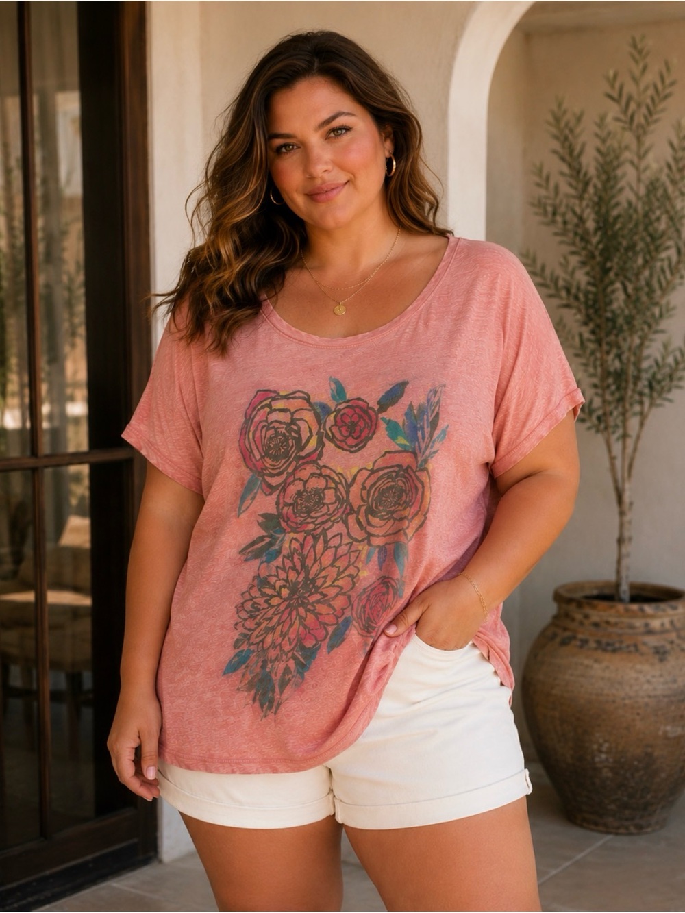 Lucky Brand Floral Graphic Linen Blend Tee 2X
